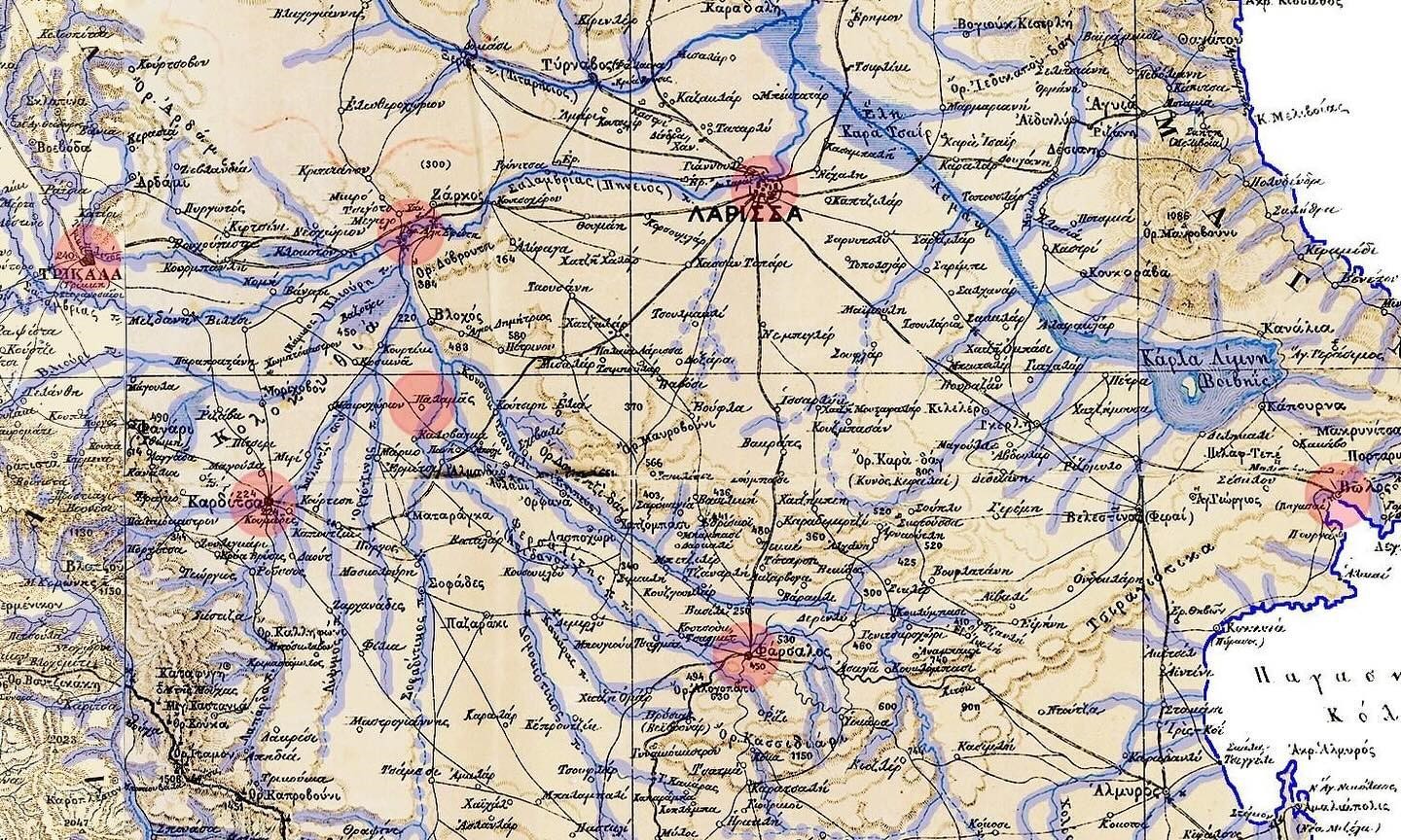 1878 Χάρτης Θεσσαλίας με ποτάμια έλη λίμνες