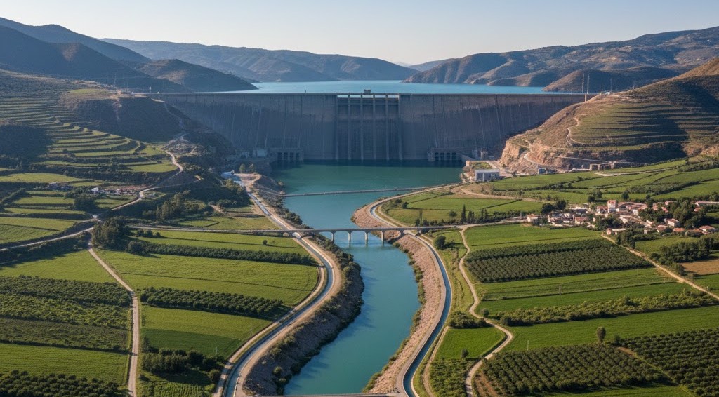 Dam with water pipeline
